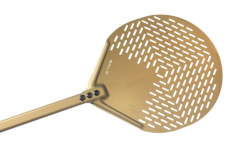 Pizzaspade  i guld perforeret rund 33x33x120 cm, Gi-metal